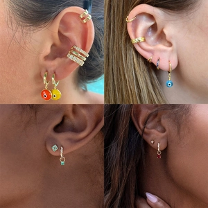 925 sterling silver gold earrings set with evil eye pendants and zircon ear cuffs