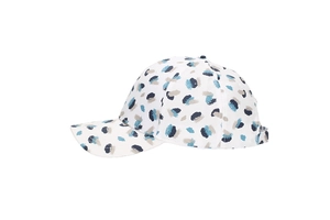 Side view of white cotton baseball cap featuring blue and grey abstract leopard print