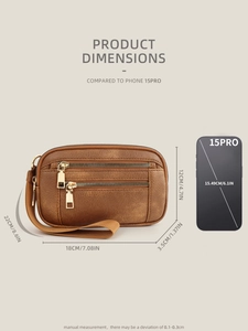 Brown leather wristlet bag dimensions comparison with iPhone 15 Pro showing exact size