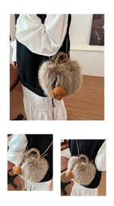 Detail of light brown plush handbag featuring a teddy dog charm and woven handle texture