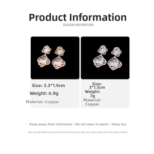 Detailed view of layered hollow flower earrings with dimensions and material specs