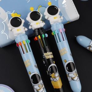 Detail of 10-color shuttle pens featuring astronaut toppers and planet-themed barrels