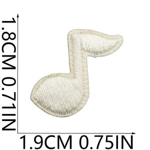 Detail showing musical note embroidery patch with dimensions 1.9cm width and 1.8cm height