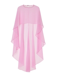 Roze chiffon poncho voor dames met onregelmatige gelaagde zoom en ronde halslijn