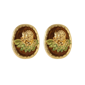 Vintage gold-edged earrings featuring a dark marble oval base with a small cupid relief