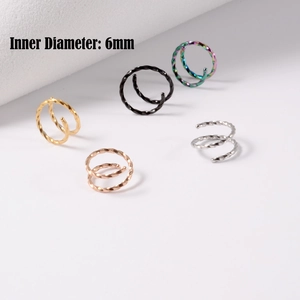 Detailed view of 20G stainless steel double spiral nose rings in five vibrant colors