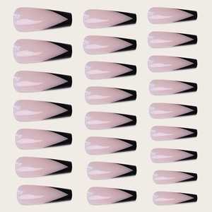 Detailed set of 24 pink press-on nails with black V-tips in various sizes displayed on beige
