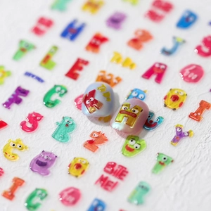 5D Geprägte Nagelaufkleber Cartoon Monster Alphabet Buchstaben 3D Relief Selbstklebend DIY Maniküre Aufkleber