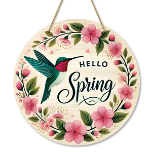 Spring hummingbird floral wooden round welcome sign with Hello Spring lettering and hemp rope