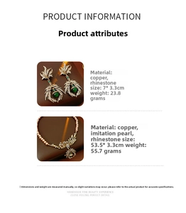 Detailed specs for leaf spider necklace and earrings set with pearls and rhinestones