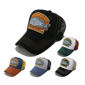 Vintage Fish Embroidery Trucker Hat Cotton Mesh Breathable Outdoor Sun Protection Adjustable Baseball Cap For Men Unisex