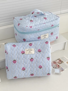 Quilted blue strawberry stripe makeup bag set with large capacity and soft cotton fabric