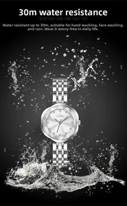 Detailed view of silver ladies' quartz watch with 30m waterproof splash effect