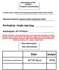 Detailed product specifications and size chart for autumn maple leaf pumpkin wreath