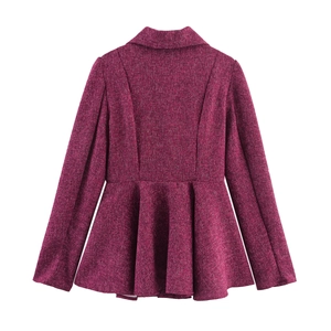 Back view of elegant purple tweed blazer featuring a peplum hem and slim waistline design