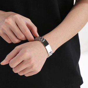 Polished silver stainless steel watch strap bracelet for men with sleek flat ID tag