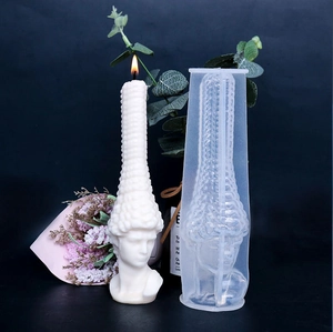 Detailed view of Venus bust candle silicone mold with a finished statue candle and wick