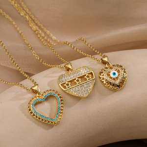 Heart Pendant Necklace Copper Gold Plated Zircon Evil Eye Star Hollow Clavicle Chain Fashion Jewelry For Women