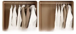 Space-saving slim hangers comparison in a wooden wardrobe with various seasonal clothes