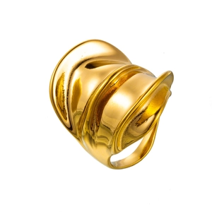 Elegant gold titanium steel ring with unique irregular wavy sculptural design on white background