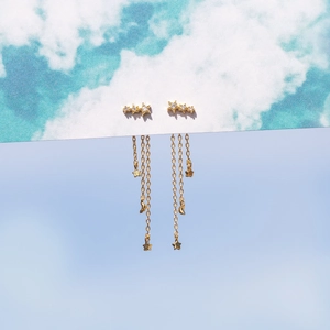 Elegant gold S925 star and moon tassel earrings with sparkling white zircons