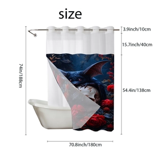 Detailed size chart of gothic shower curtain with skull, roses, and bat design