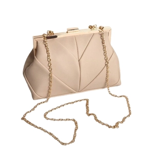 Elegant beige pleated evening clutch bag with metal frame and gold chain strap