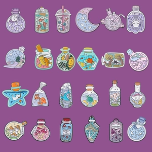 Set of 24 cute enamel pins featuring whimsical bottle designs with cats and space themes