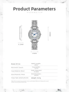 Detailed spec sheet for M1126 silver full diamond quartz watch with technical dimensions