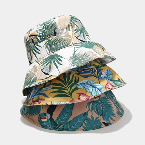Tropical Print Bucket Hat Cotton Canvas Sun Protection Summer Beach Vacation Palm Leaf Toucan Pattern For Women