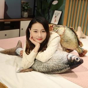 Detailed realistic fish plush pillows featuring vivid digital scale prints on soft fabric