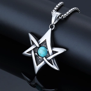 Vintage stainless steel Viking hexagram pendant with blue turquoise stone on box chain