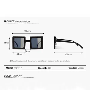 Detailed size chart for square frame sunglasses with precise measurements and specifications