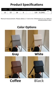 Detailed size chart and four-color display of this minimalist rectangular crossbody bag
