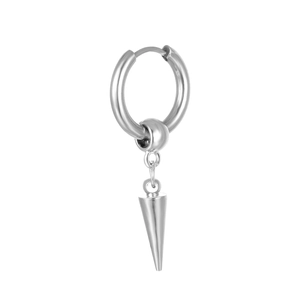 Polished silver stainless steel hoop earring with a pointed cone spike pendant charm