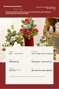 Detail of handmade PE Noble Fir tabletop Christmas tree with red berries and pinecones