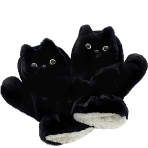 Winter black cat plush mittens with thick fleece lining and cute cat face details