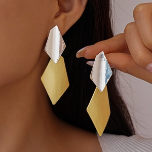 Geometric Rhombus Dangle Earrings With 925 Sterling Silver Earring Post Two Tone Brushed Metal Modern Elegant For Women