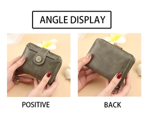 Front and back views of an olive green wallet with flower snap and tassel details