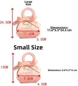Detailed size chart for pink wedding candy gift bags with dimensions for large and small boxes