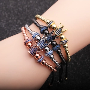 Four-piece crown charm bracelet set for men with blue zircon micro-pave on metallic beads