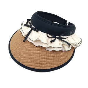 Lace bow open top sun hat with large straw brim and black UV protection coating