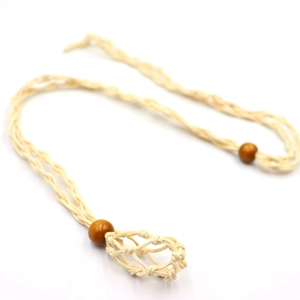 Handmade cream woven stone holder necklace with adjustable brown wooden beads and net pendant
