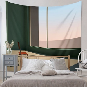 Detail of abstract landscape tapestry showing geometric art style for wall decoration