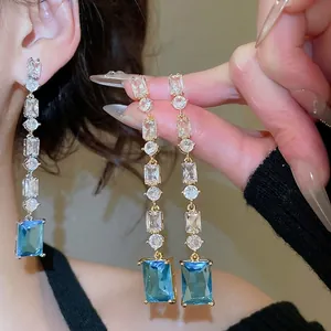 Geometric Long Drop Earrings Copper 18K Gold Plated Blue Zircon With 925 Sterling Silver Earring Post Vintage Luxury