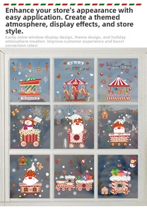 Close-up of Christmas static window stickers featuring Santa, snowmen and carousels