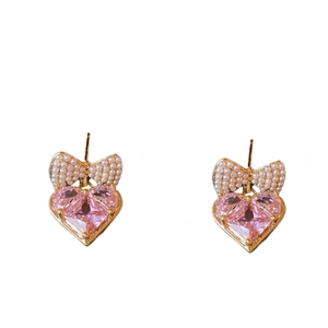 Pink heart zircon bow earrings with pearls and gold plated silver needles for women
