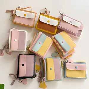 Colorful macaron patchwork small wallets with snap closure and heart pendant detail