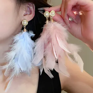 Long Feather Tassel Earrings With Imitation Artificial Pearl And 925 Sterling Silver Earring Post Bohemian Sweet Style For Women
