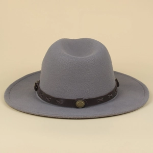 Detail of grey felt fedora featuring a brown leather band with decorative cross stitching